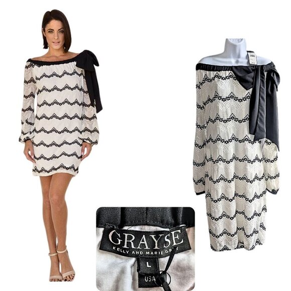 NWT GRAYSE St. John Chevron OffShoulder Wedding MOB MiniDress W1420301 Sz L $550 - Picture 1 of 10